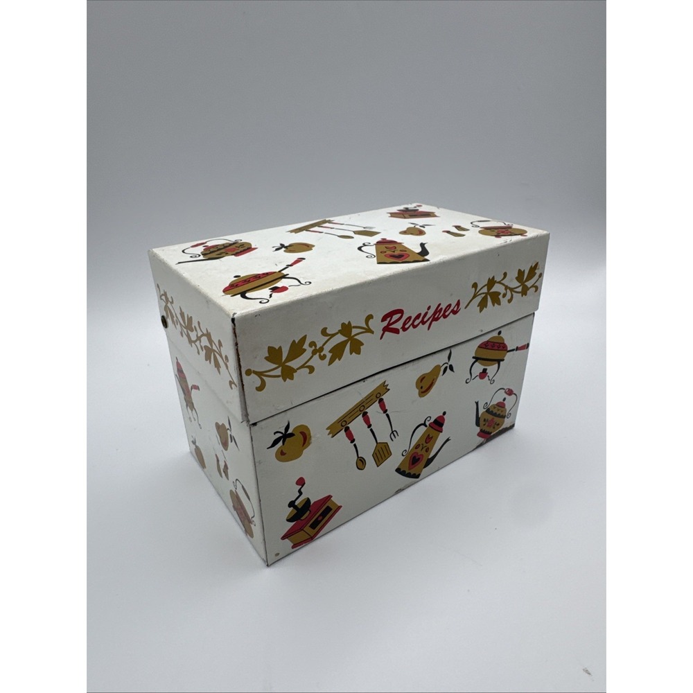 Vtg Recipe Box Metal Tin Midcentury 60s 1960s Farmhouse Retro Kitchen Decor Gold